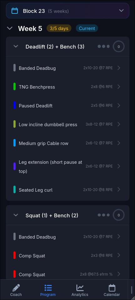 Athlete program view showing training exercises