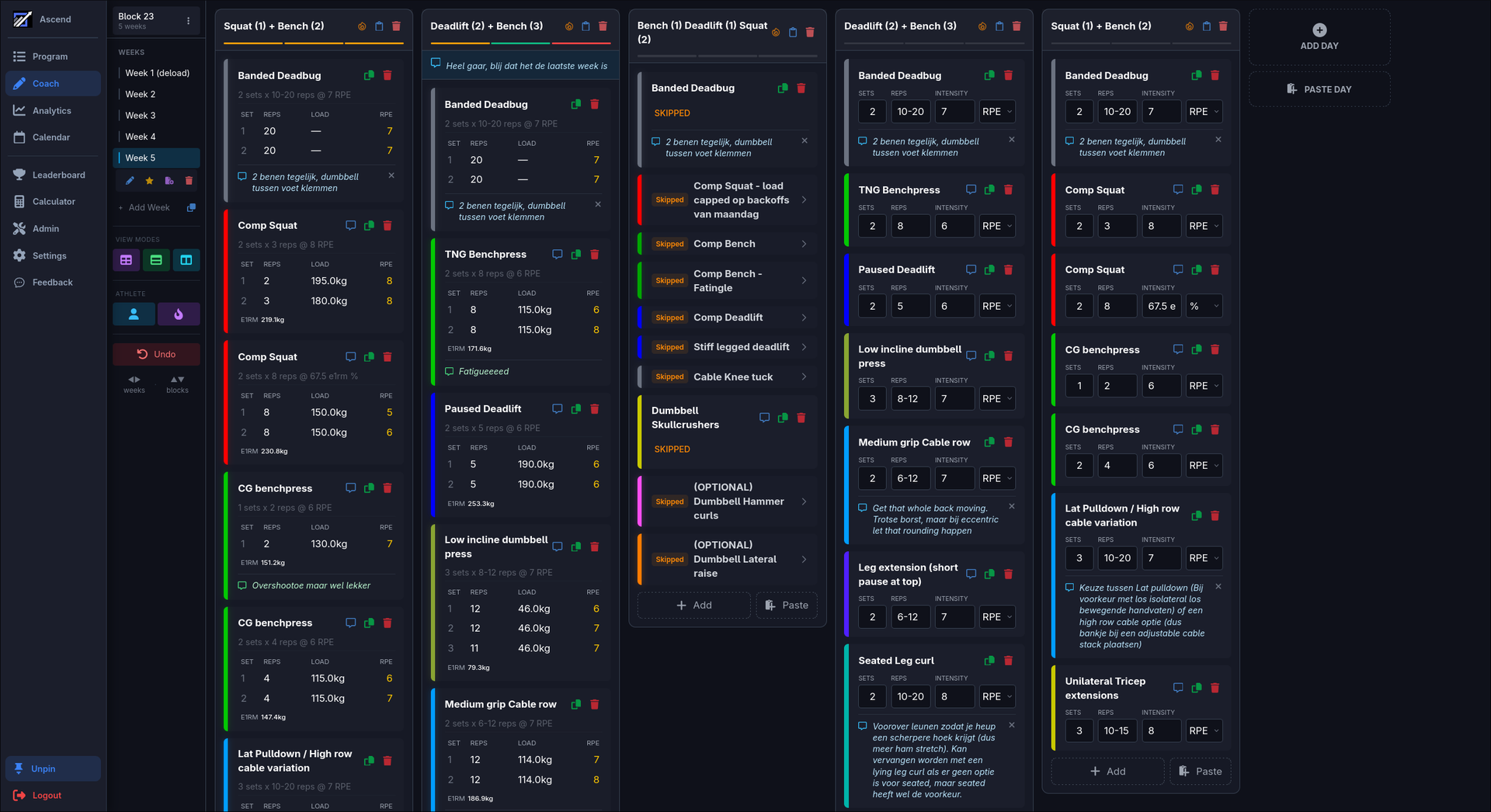Ascend coach dashboard showing training program builder